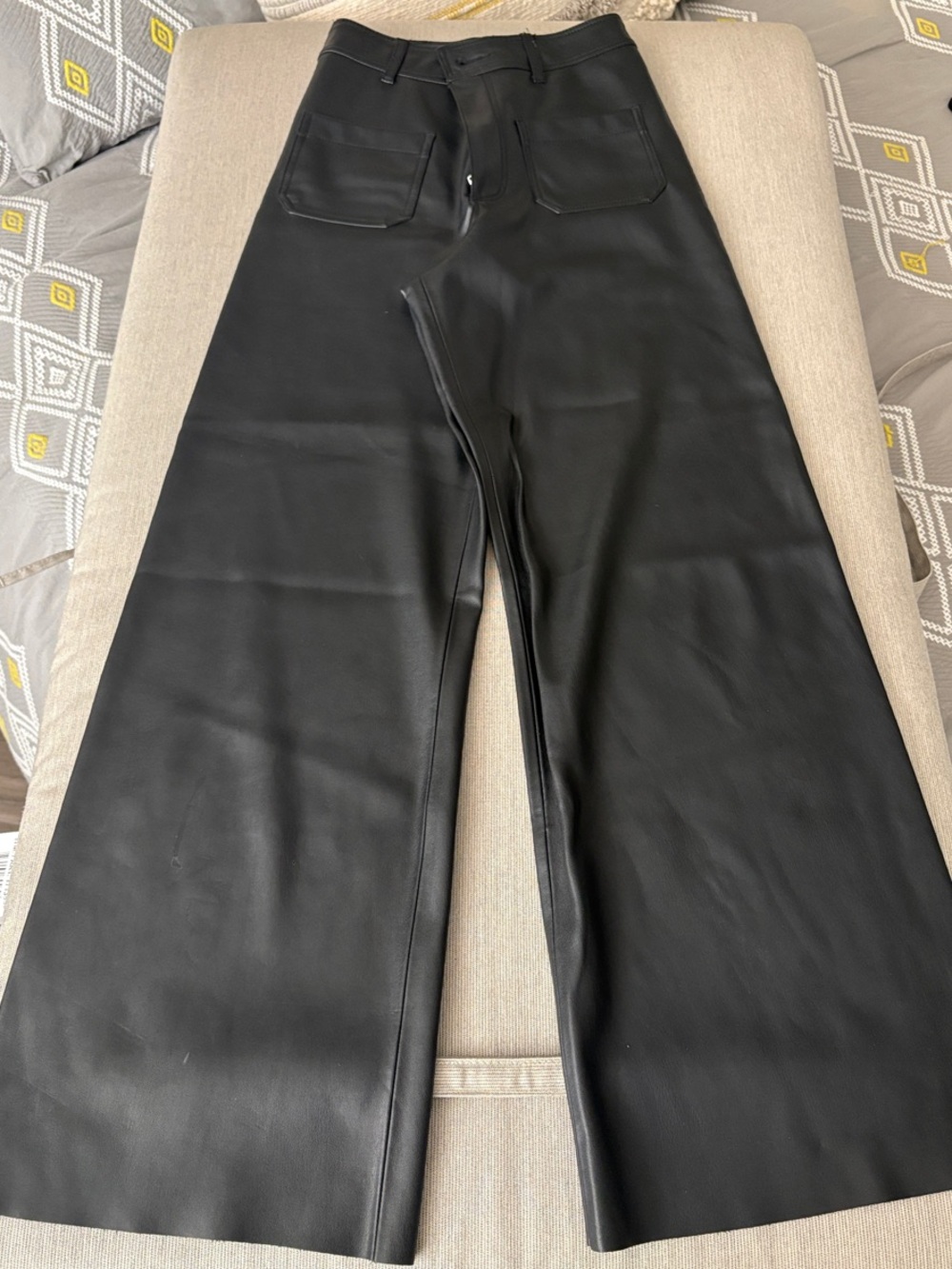 Zara Black Faux Leather Pants with Silver Button